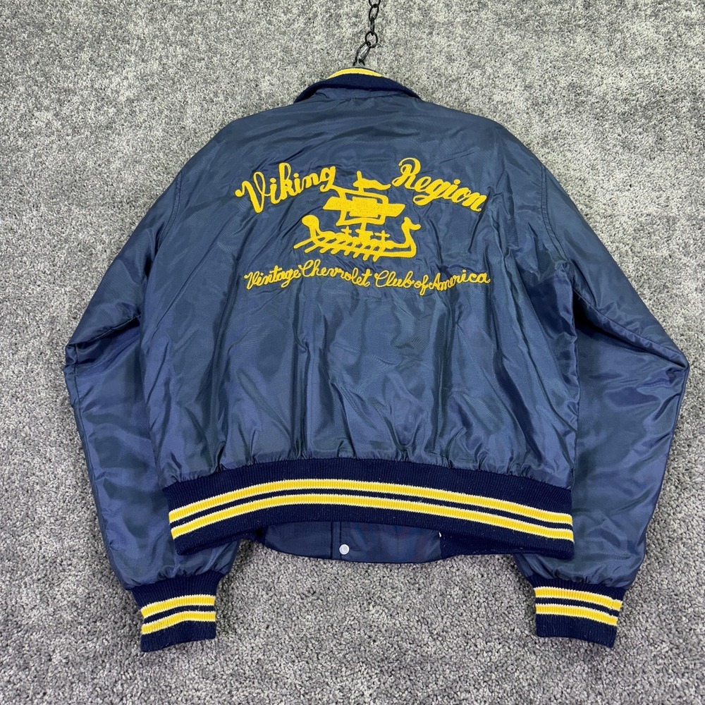 Vintage West Wind Jacket Mens Large Blue Satin Viking Region Chevrolet Club